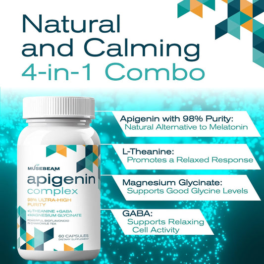 Apigenin Supplement For Sleep - 50Mg Apigenin Per Capsule With Magnesium Glycinate 275Mg L-Theanine 100Mg Gaba 100Mg - 98% Ultra-High Purity - Melatonin Alternative