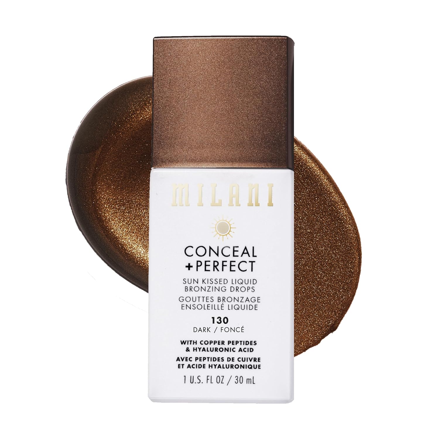 Milani Bronzer- Sun Kiss Bronzing Drops, Conceal + Perfect Liquid Bronzer For Sheer, Weightless Coverage & Hydration Enriched With Peptides & Tripeptides - Light