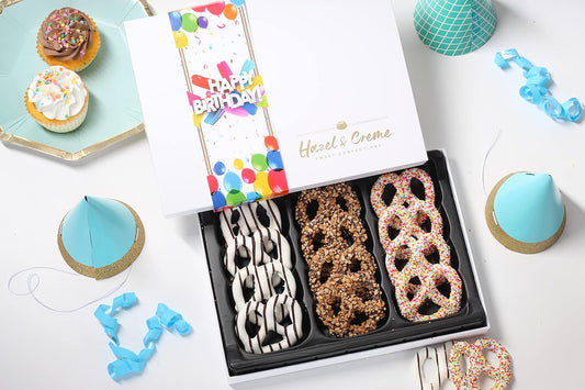 Hazel & Creme Chocolate Covered Pretzels - Happy Birthday Chocolate Gift Box - Gourmet Food Gift (Large Box)