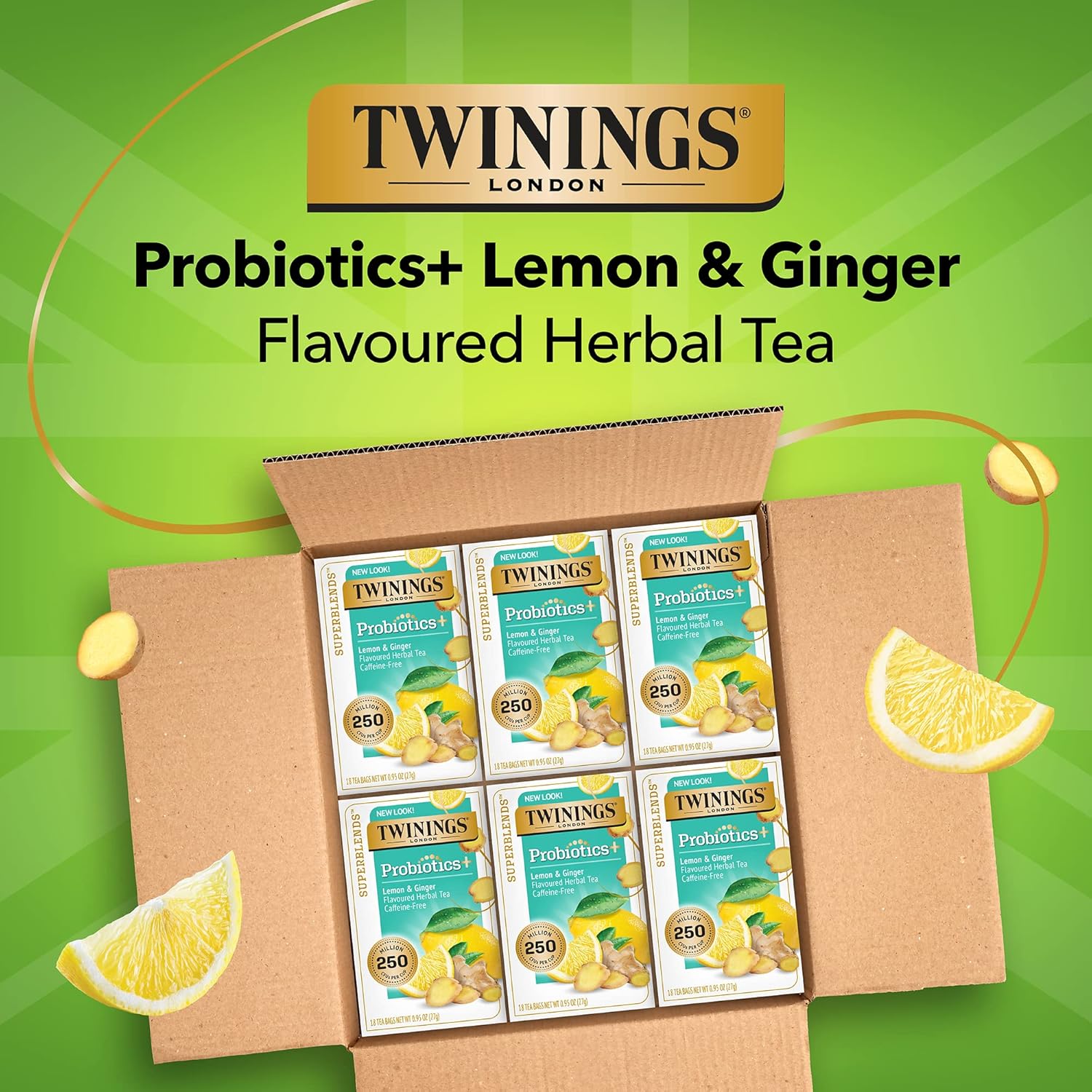 Twinings Superblends Probiotics+ Lemon & Ginger Flavoured Herbal Tea With Turmeric, Caffeine-Free, 18 Tea Bags (Pack Of 6), Enjoy Hot Or Iced