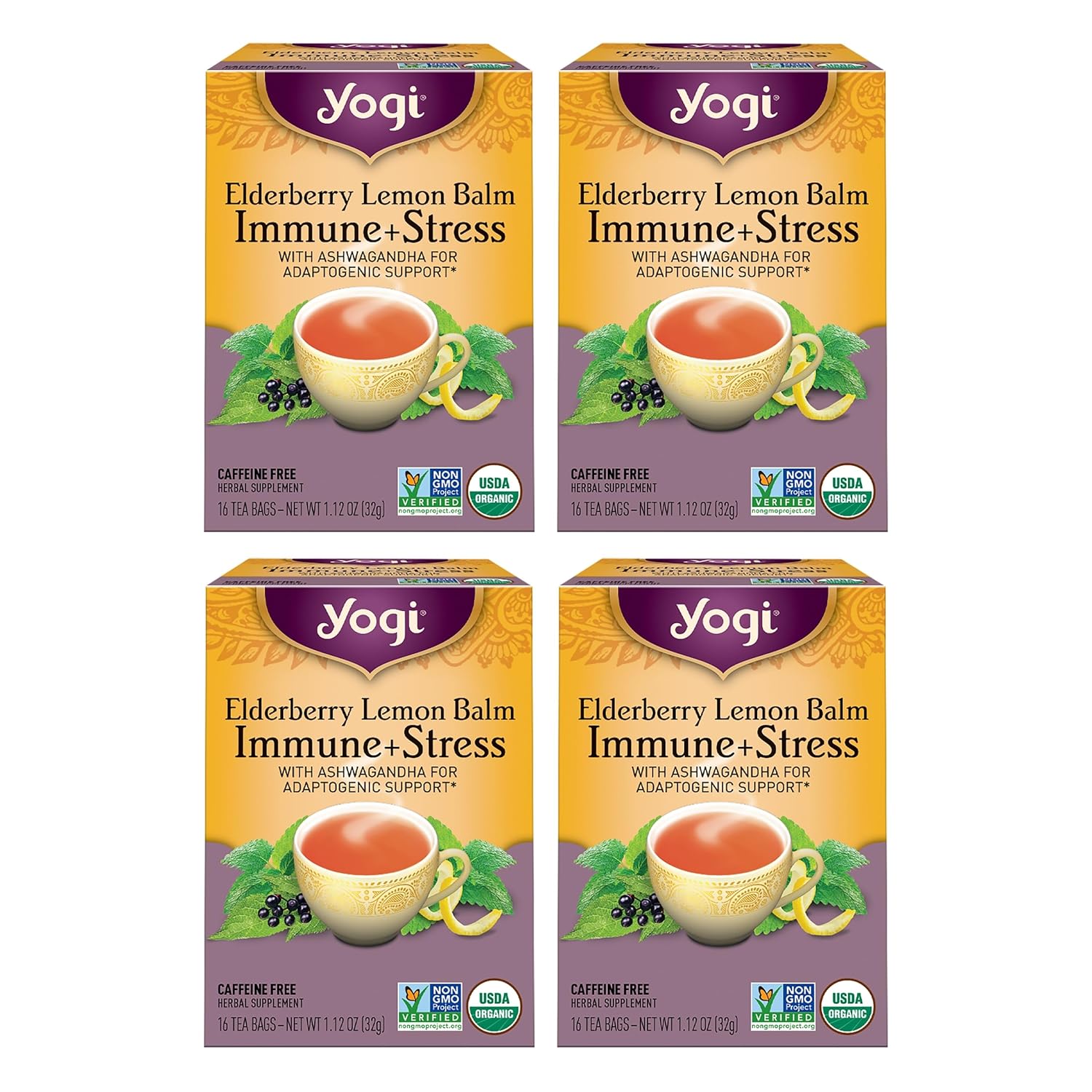 Yogi Tea Elderberry Lemon Stress & Immune Support Tea - 16 Tea Bags, 4 Packs - With Ashwagandha, Lemongrass, Licorice Root & More