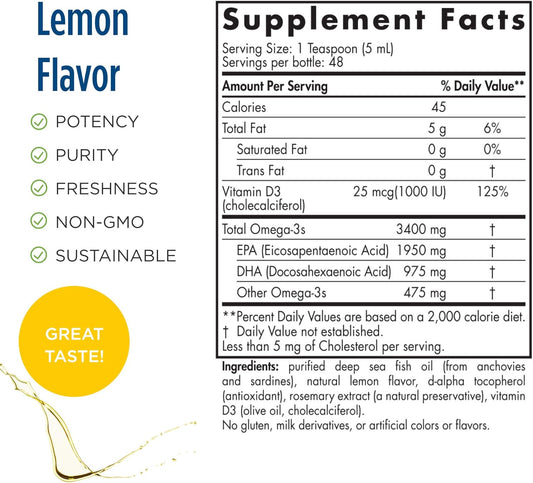 Nordic Naturals ProOmega-D Xtra Liquid, Lemon Flavor - 8 oz - 3400 mg Omega-3 + 1000 IU D3 - High-Potency Fish Oil - EPA & DHA - Brain, Eye, Joint, Heart, & Immune Health - Non-GMO - 48 Servings