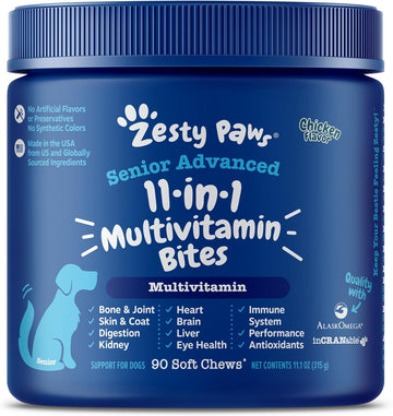 Zesty Paws Senior Dog Multivitamin Treats - Glucosamine For Dogs + Digestive Enzymes & Probiotics - Grain Free Dog Vitamins For Skin & Coat + Immune Health Chicken - Advanced - 90Ct