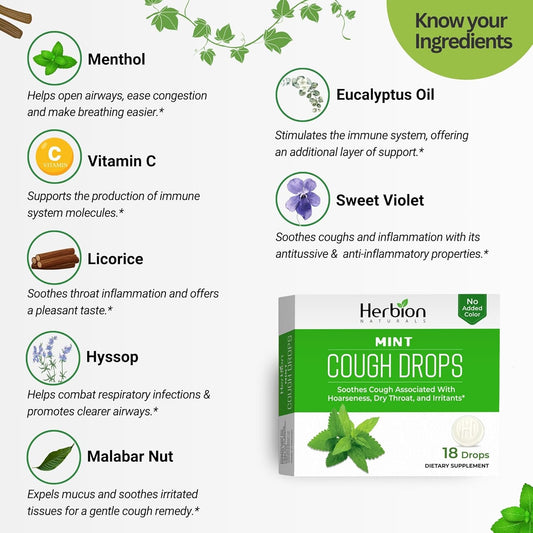 Herbion Naturals Cough Drops With Mint Flavor, Soothes Cough, For Adults And Children Over 6 Years, 18 Drops, No Artificial Flavor, No Added Color