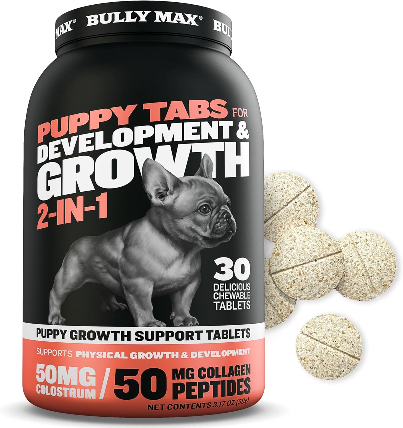 Bully Max 2-In-1 Puppy Vitamins - 30 Chewable Tablets For Development And Growth Of Puppies - Dog Vitamin Tablet Supplements For Small Dogs, Large Breed Pups And Growing Dogs (Feed 1-2 Tabs Per Day)