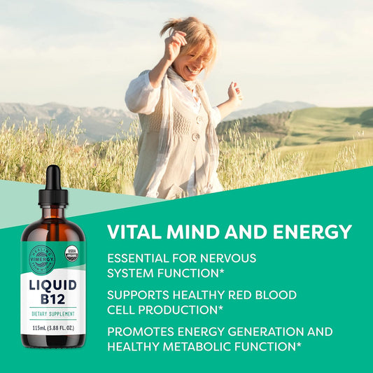 Vimergy Usda Organic B12, 115 Servings – Alcohol Free B-12 Liquid Vitamin - Supports Brain Energy, Nervous System, Cognition, Memory – No Gluten, Non-Gmo, Vegan, Paleo, Naturally Sweet Flavor (115 Ml)