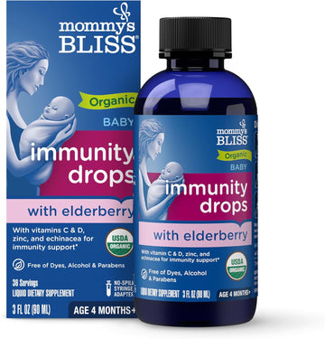 Mommy'S Bliss Organic Baby Elderberry Drops, Immune Support With Vitamins, Prebiotics, Zinc & Organic Echinacea, Age 4 Months +, 3 Fl Oz (36 Servings)