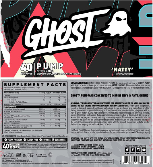 Ghost Pump Nitric Oxide Powder, Natty - 40 Servings - Sugar & Stim-Free Pre-Workout Supplements - L-Citrulline, Arginine Nitrate & L-Glutathione - Soy & Gluten-Free, Vegan