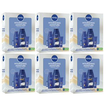 NIVEA Skin Care Set For Her, Nourishing Body Wash, Moisturizing Body Lotion, Lip Balm Stick with Shea Butter, & Multi Purpose Face, Body & Foot Cream, 4 Piece Gift Set (Pack of 6)