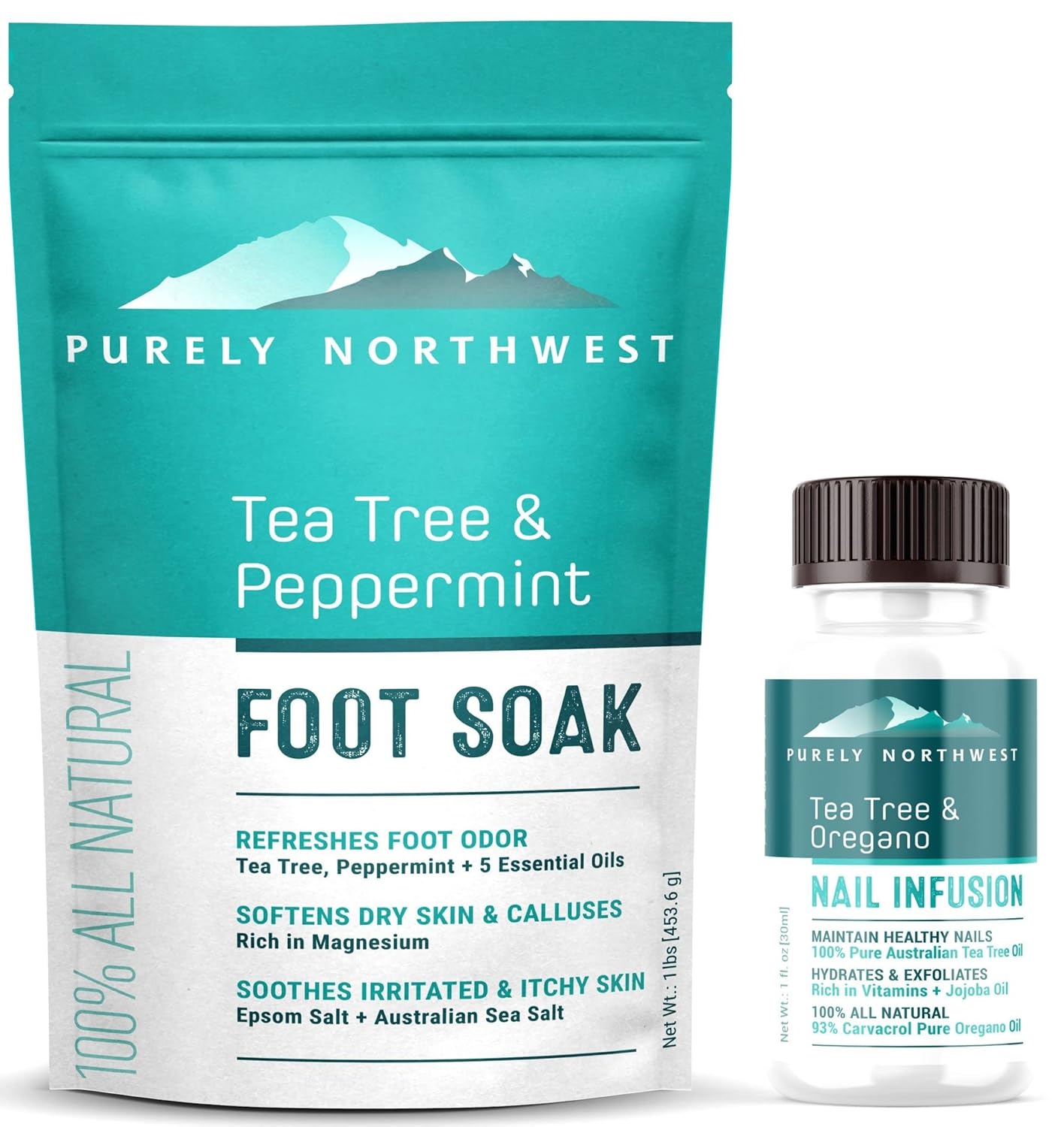 Purely Northwest-Tea Tree Oil Foot Soak & Nail Repair Oil Set- For Damaged Nails, Athletes Foot, Smelly Feet And Foot Callus - Made In The Usa