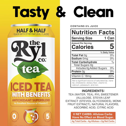 Ryl Iced Tea, Half & Half, Antioxidant Superblend, Zero Sugar, Low Carb, Low Calorie Iced Tea, 16.0 Fl Oz (12-Pack)