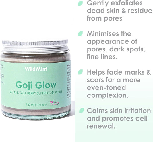 WildMint Goji Glow Natural Scrub | Exfoliating & Renewing Body & Face Scrub for Dry Skin | Gently Removes Dead Skin | Helps Acne & Hyperpigmentation | UK Made Vegan & Cruelty-Free Skincare | 120ml