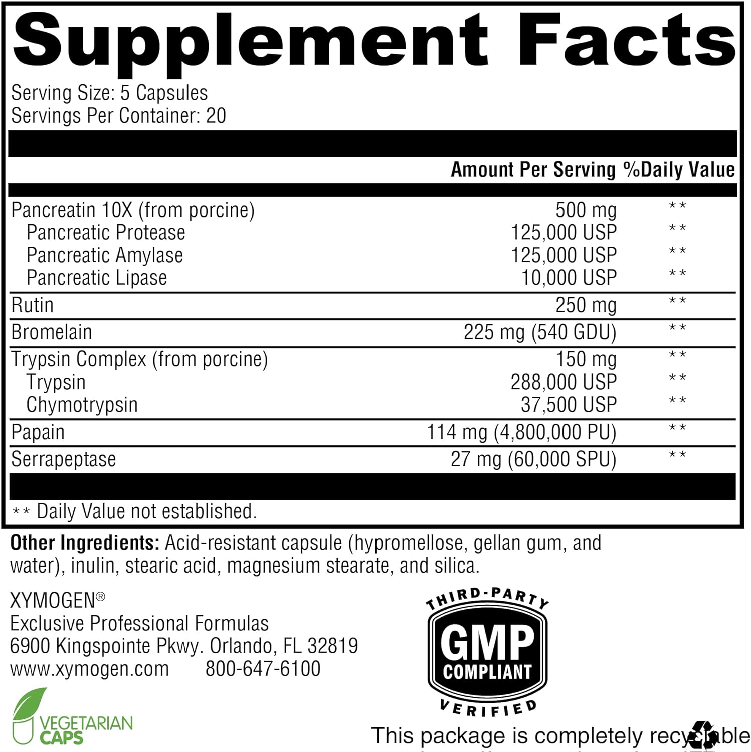 XYMOGEN ProteoXyme - Pancreatic Enzymes, Serrapeptase, Rutin, Papain +