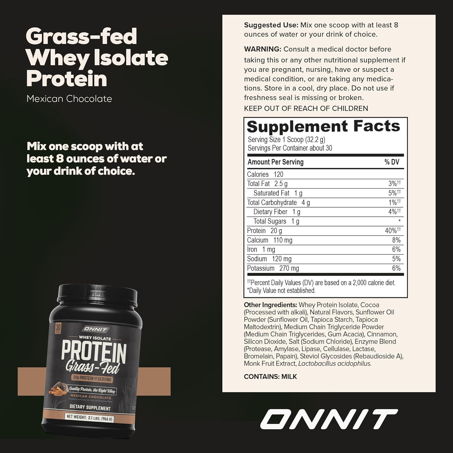 ONNIT Grass Fed Whey Isolate Protein - Mexican Chocolate (20 Servings)