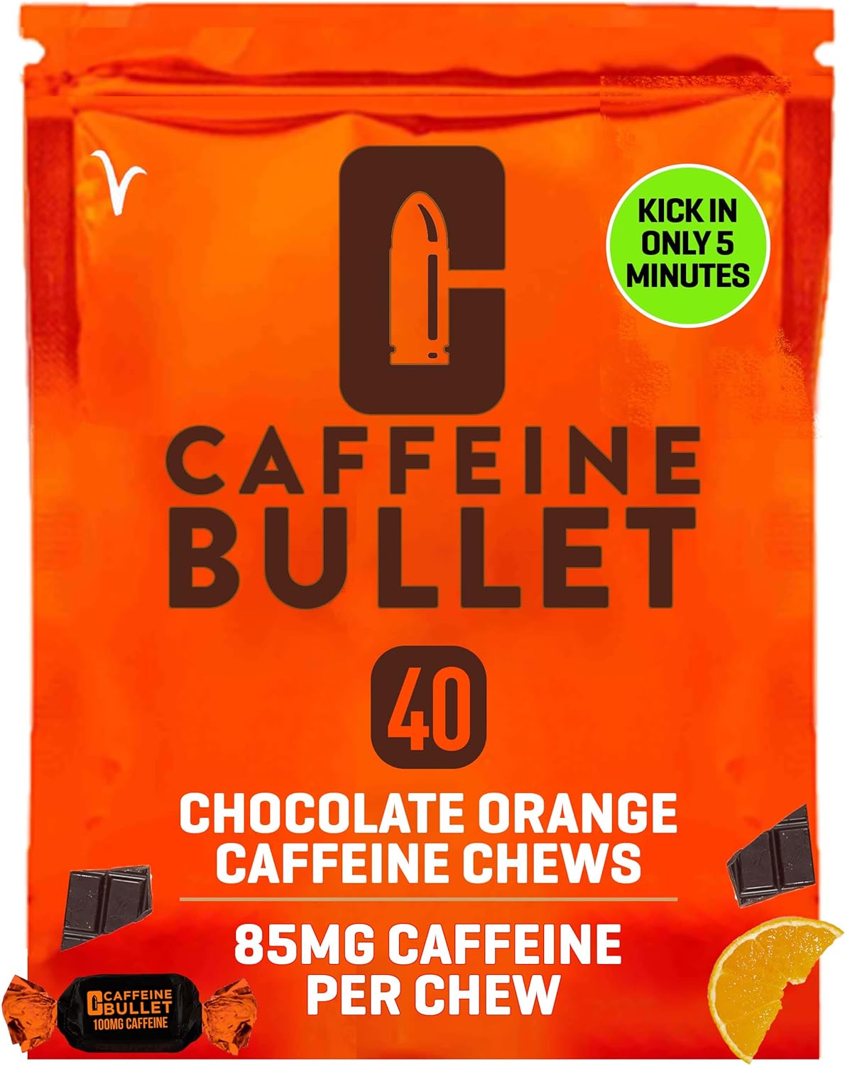 Caffeine Bullet 40 Chocolate Caffeine Chews. Each 85mg Caffeine - Chocolate Orange Energy Gummies: Kick Faster Than Energy gels for a Cycling, Endurance Sports & Stay Awake Chocolate Boost