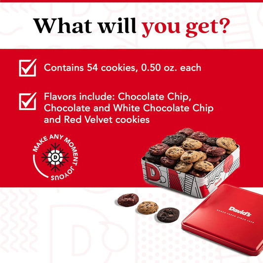 David'S Cookies Freshly Baked Melt In Your Mouth Assorted Mini Cookies With Chocolate Chip, Chocolate & White Chocolate Chip & Red Velvet Cookies (Assorted Mini Cookies In Regular Tin - 1Lb)