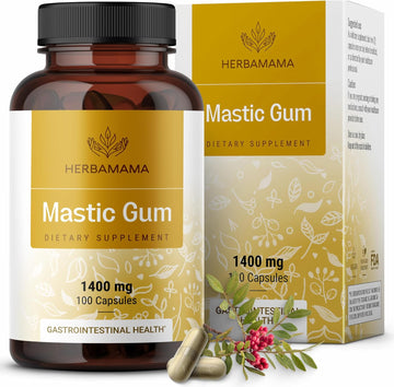 Herbamama Mastic Gum Capsules - 1400 Mg Mastic Gum Gut Health Supplement - Promotes Digestive Health Support - Vegan, Non-Gmo - 100 Caps