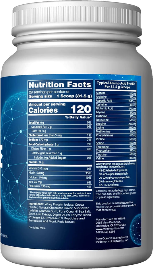 MRM Nutrition Isolate Whey Protein | Chocolate Flavored | 24g Protein | Added BCAAs + Glutamine | with Digestive Enzymes | Hormone + Antibiotic Free | 29 Servings