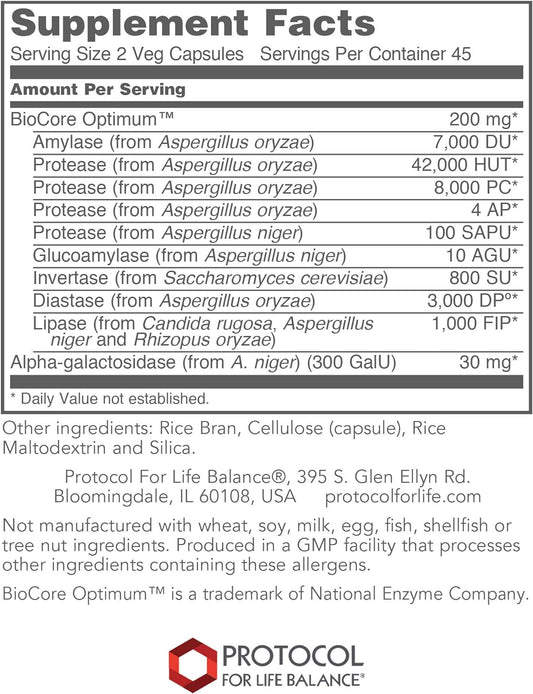 Protocol BioCore Enhanced Enzymes - Helps Digest Beans & Cruciferous Vegetables* - Digestion Supplement* - Amylase & Lipase - Kosher & Vegan - 90 Veg Capsules