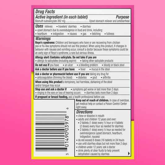 Pepto Bismol Chewables, Upset Stomach Relief, Bismuth Subsalicylate, Multi-Sympton Relief Of Gas, Nausea, Heartburn, Indigestion, Diarrhea, Cherry Flavor, 30 Tablets