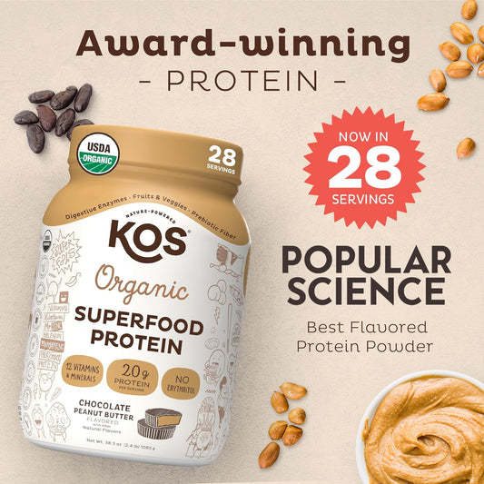 Kos Organic Plant Based Protein Powder, Chocolate Peanut Butter - Delicious Vegan Protein Powder Meal Replacement - Keto Friendly, Gluten Free, Dairy Free & Soy Free - 2.4 Lbs, 28 Servings