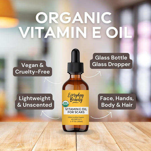 Organic Vitamin E Oil For Scars - All Natural & Vegan Skin Moisturizer 2Oz - Light And Unscented Great For Scars After Surgery - Reduce Wrinkles, Anti Aging, Lighten Dark Spots - Face, Skin & All Over