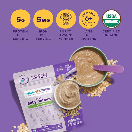 Ready Set Food Organic Baby Oatmeal Cereal With Top 9 Allergens & Organic Puree Pouches Baby Food With Top 3 Allergens