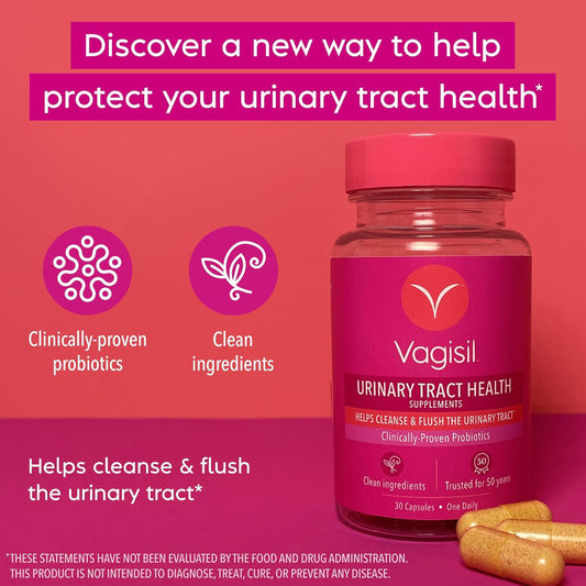 Vagisil Urinary Tract Health Supplements, Clinically-Proven Probiotics, Protects Urinary Tract Health, Clean Ingredients, Helps Cleanse And Flush Uti-Causing Bacteria, 1 Capsule Daily, 30 Capsules