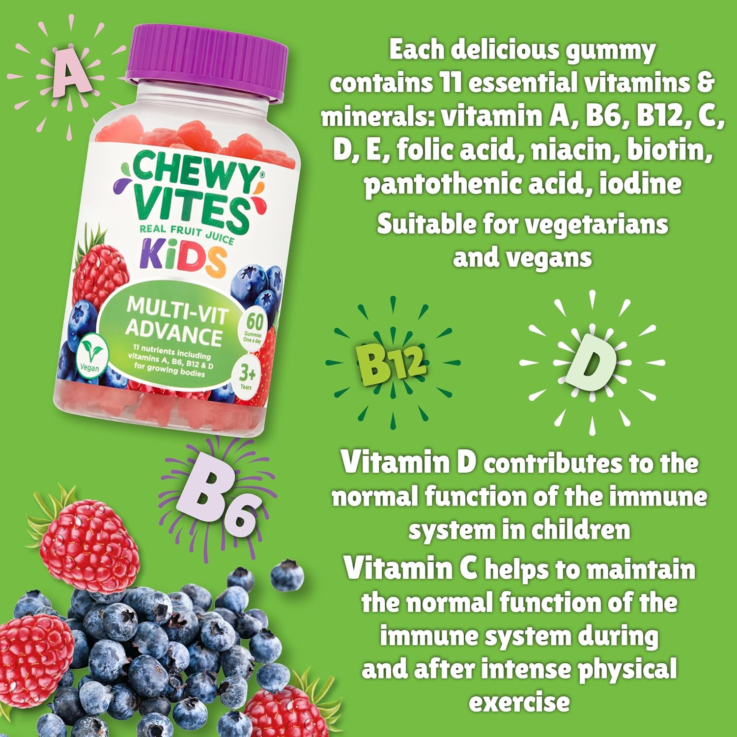 Chewy Vites Kids Multivitamin Advance, 60 Kids Vitamins Gummies, 11 Essential Nutrients, 2 Months Supply, Real Fruit Juice, Vegan, Age 3 +, Blueberry and Raspberry Flavour : Amazon.co.uk: Health & Personal Care