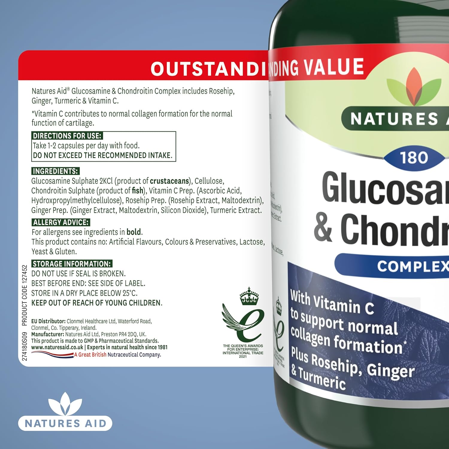 Natures Aid Glucosamine & Chondroitin Complex - Rosehip Ginger Turmeric Vitamin C Supplement - Joint Support Mobility, Flexibility & Cartilage Health - Non-GMO, Gluten-Free - 180 Capsules : Amazon.co.uk: Health & Personal Care