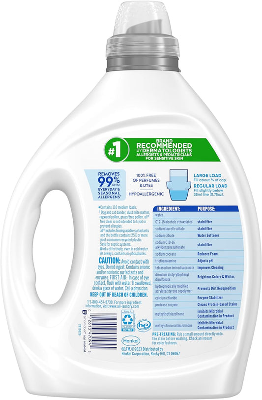 All Liquid Laundry Detergent, Free Clear For Sensitive Skin, Unscented And Hypoallergenic, 2X Concentrated, 110 Loads