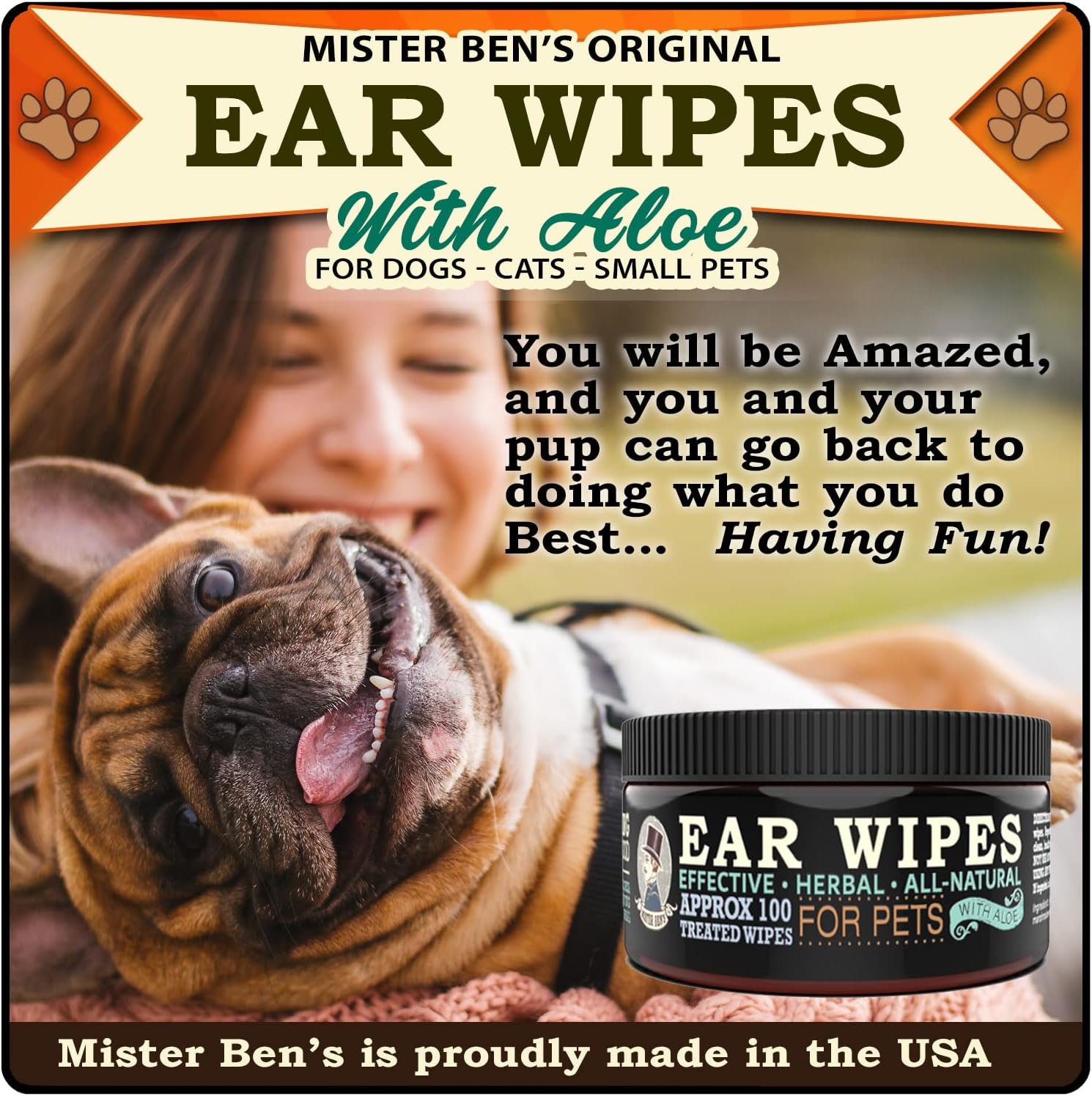 Mister Ben's Original XXL Treated Ear Cleaner Wipes w/Aloe for Dogs, Cats Small Pets – Most effective wipes that soothe & clean odors, itching, and irritations – Approx 100 extra large 3" Pads