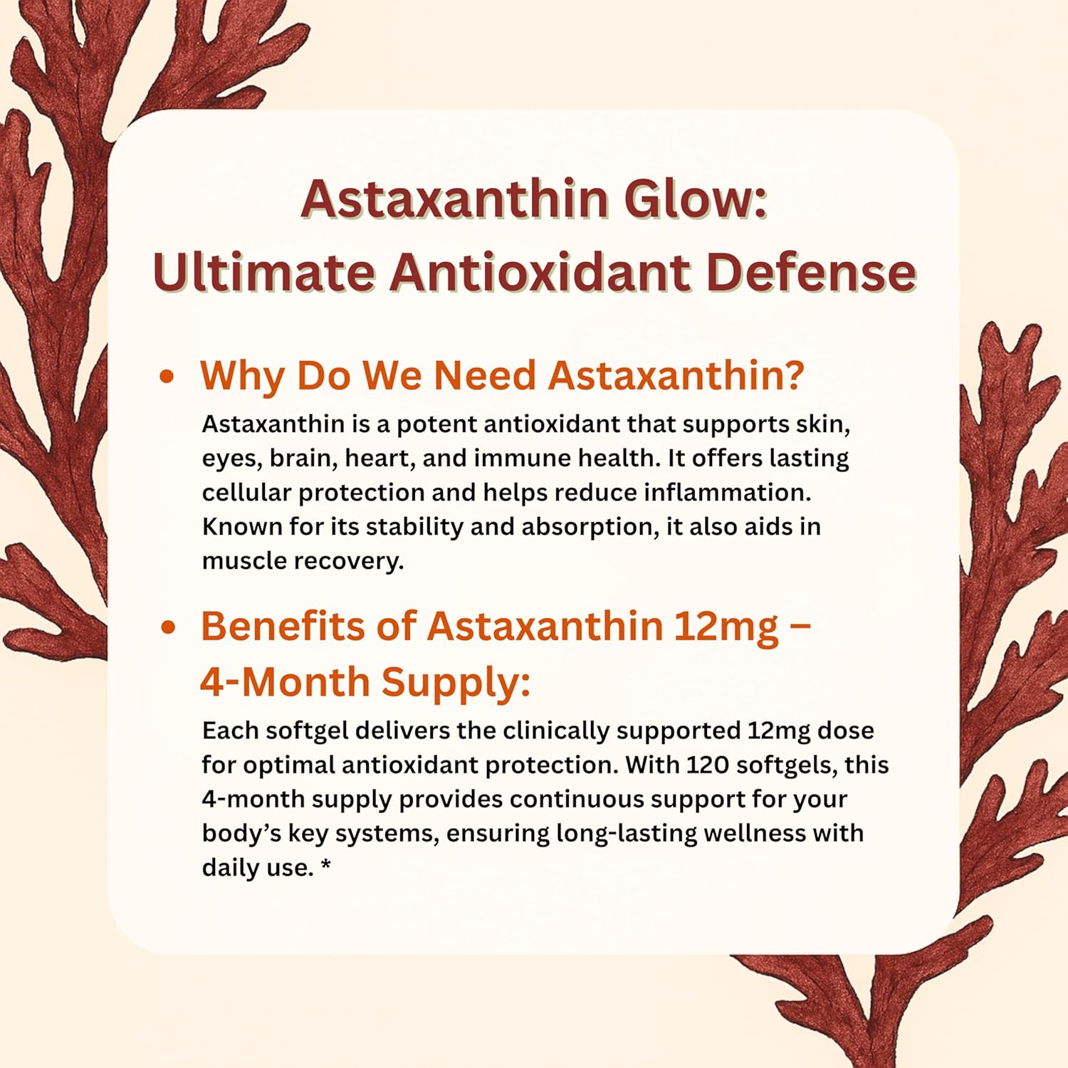 Astaxanthin 12Mg, 120 Softgels, 4 Month Supply | Premium Astaxanthin Antioxidant Supplements | Fresh Microalgae Source | Supports Eye, Joint, Internal Circulation, Skin Health & Natural Tanning : Health & Household