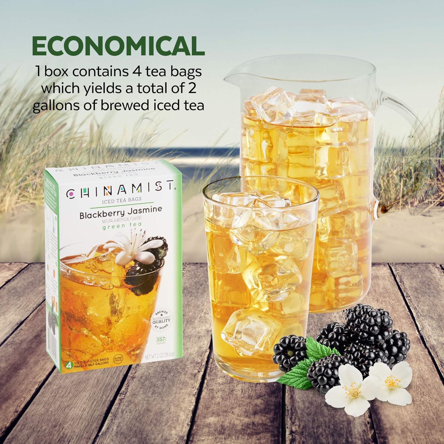 China Mist Iced Tea – Blackberry Jasmine Green Tea Infusion – Refreshing And Delicious – Each Tea Bag Yields 1/2 Gallon – 4 Bags