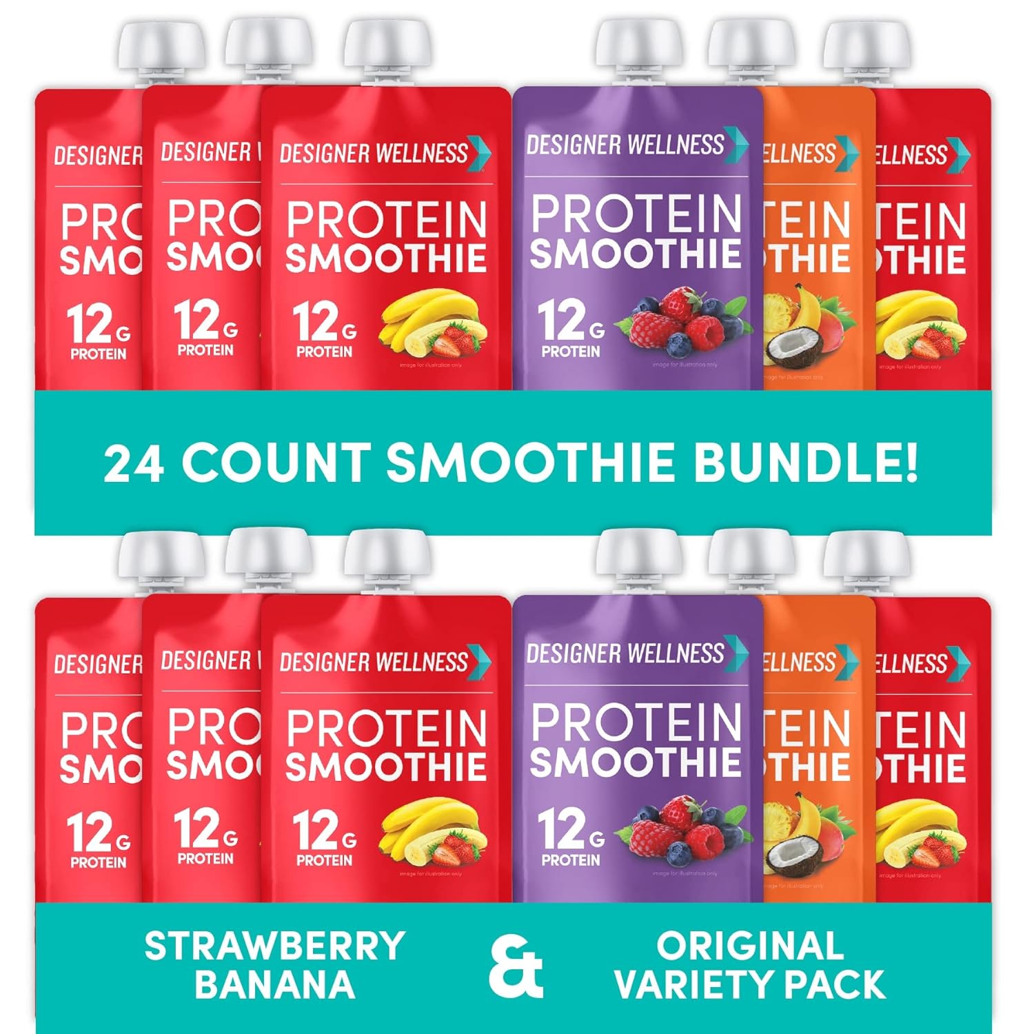 Designer Wellness Protein Smoothies Variety Pack and Strawberry Banana Bundle( 12 pack) each  12 g