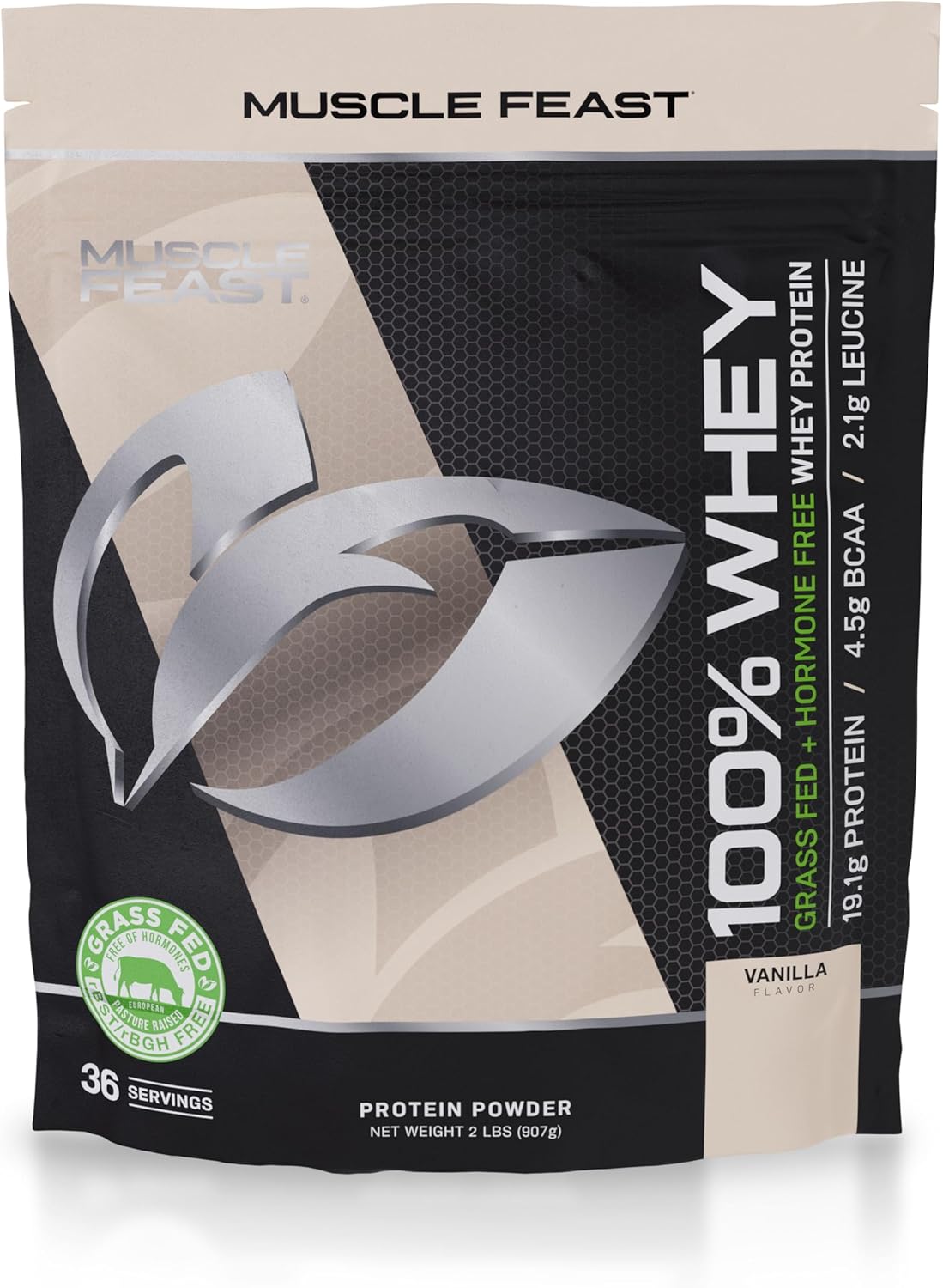 Muscle Feast 100% Grass-Fed Whey Protein, Pastured Raised Hormone Free All Natural, Vanilla, 2Lb