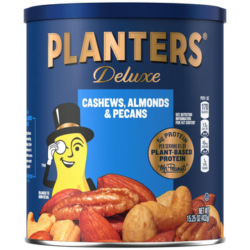 Planters Deluxe Cashews, Almonds & Pecans, Party Snacks, Plant-Based Protein, 15.25 Oz Canister