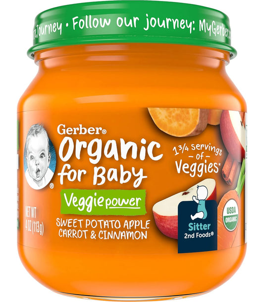 Gerber Organic For Baby 2Nd Foods Veggie Power Baby Food Jar (Sweet Potato Apple Carrot & Cinnamon, Pack Of 6)