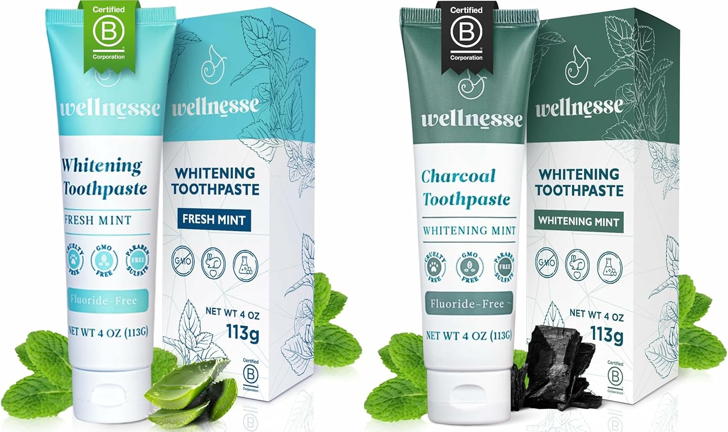 Wellnesse Whitening Toothpaste & Charcoal Toothpaste Bundle - Fresh Mint, 4Oz - Fluoride Free Toothpaste For Teeth Whitening Kit - Made With Activated Charcoal And Natural Teeth Whitening Ingredients