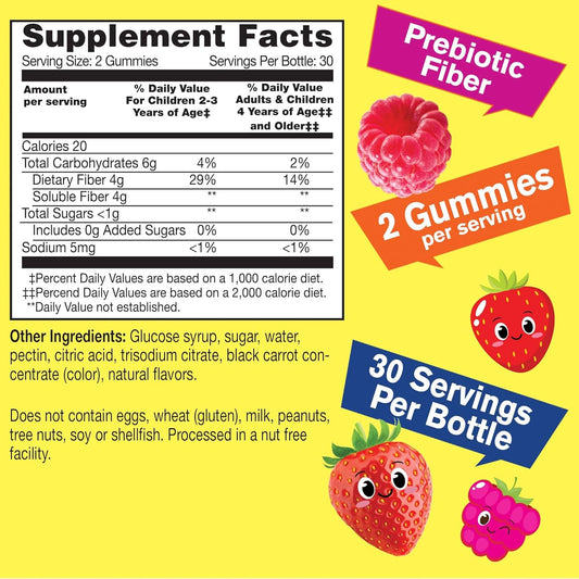 Prebiotic Fiber Gummies For Kids - Digestive System Support, Doctor Recommended - Vegan Friendly And Gluten-Free, Gmo Free - Yummy Berry Flavors - 60 Count