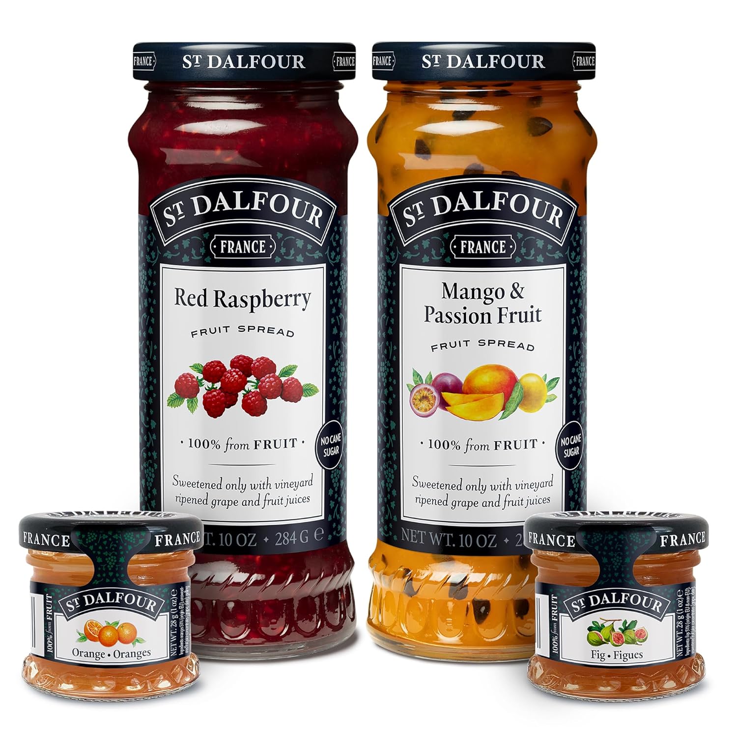 St. Dalfour Fig Royale, Orange Mini Jar, 1 Oz And Red Raspberry, Mango & Passion Fruit, 10 Oz Bundle - 100% From Fruit, No Artificial Ingredients