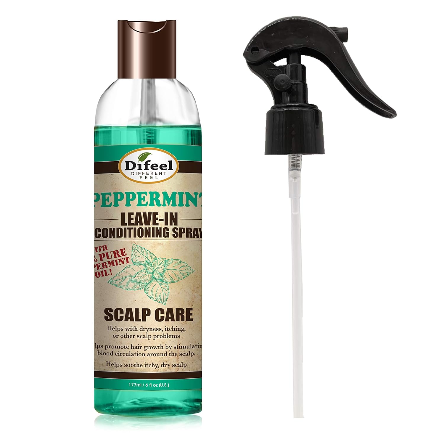 Difeel Scalp Care Leave In Conditioning Treatment - Peppermint Oil 6 Oz. With Spray Cap & Dispensing Cap