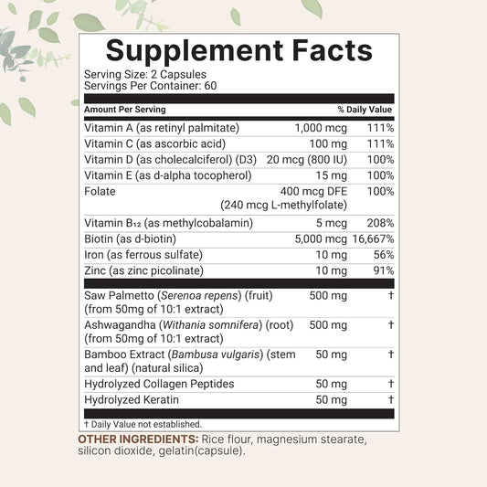 Hair Growth Vitamins Complex, 120 Capsules | 14-In-1 Formula With 5,000Mcg Biotin, Collagen, Keratin, Vitamin C, Saw Palmetto & More | Vitaminas Para El Cabello | Promotes Natural Growth & Thickness
