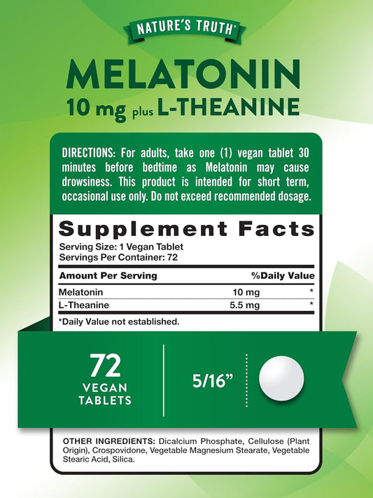 Melatonin 10 Mg + L-Theanine | 72 Tablets | Maximum Strength | Vegetarian, Non-Gmo, Gluten Free | By Nature'S Truth