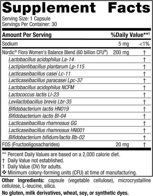 Nordic Naturals Nordic Flora Probiotic Women's Balance - 30 Capsules - 12 Probiotic Strains with 60 Billion Cultures - Intestinal Support, Vaginal Health - Vegan - 30 Servings