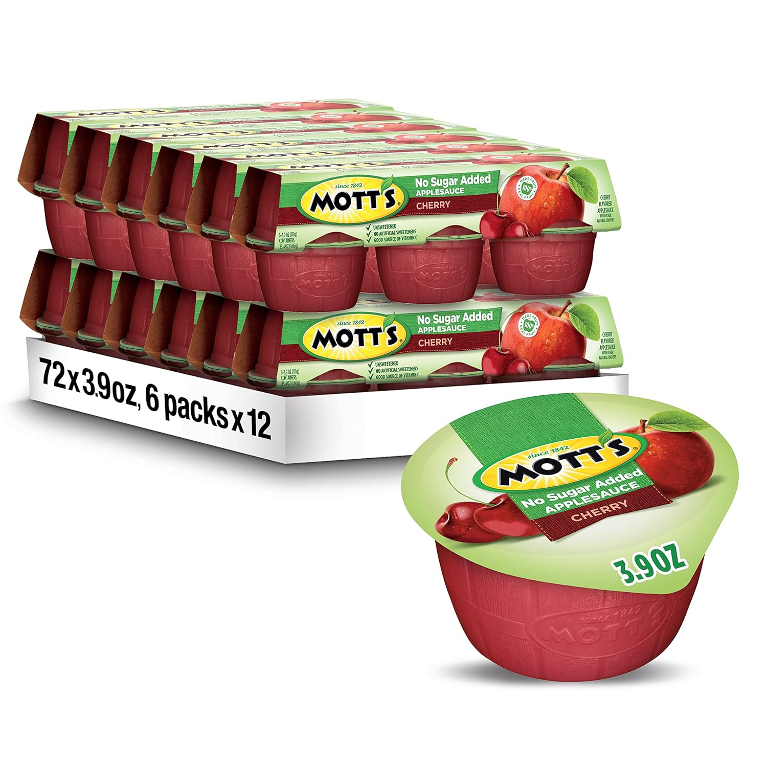 Mott'S No Sugar Added Cherry Applesauce, 3.9 Oz Cups, 72 Count (12 Packs Of 6), Good Source Of Vitamin C, No Artificial Flavors