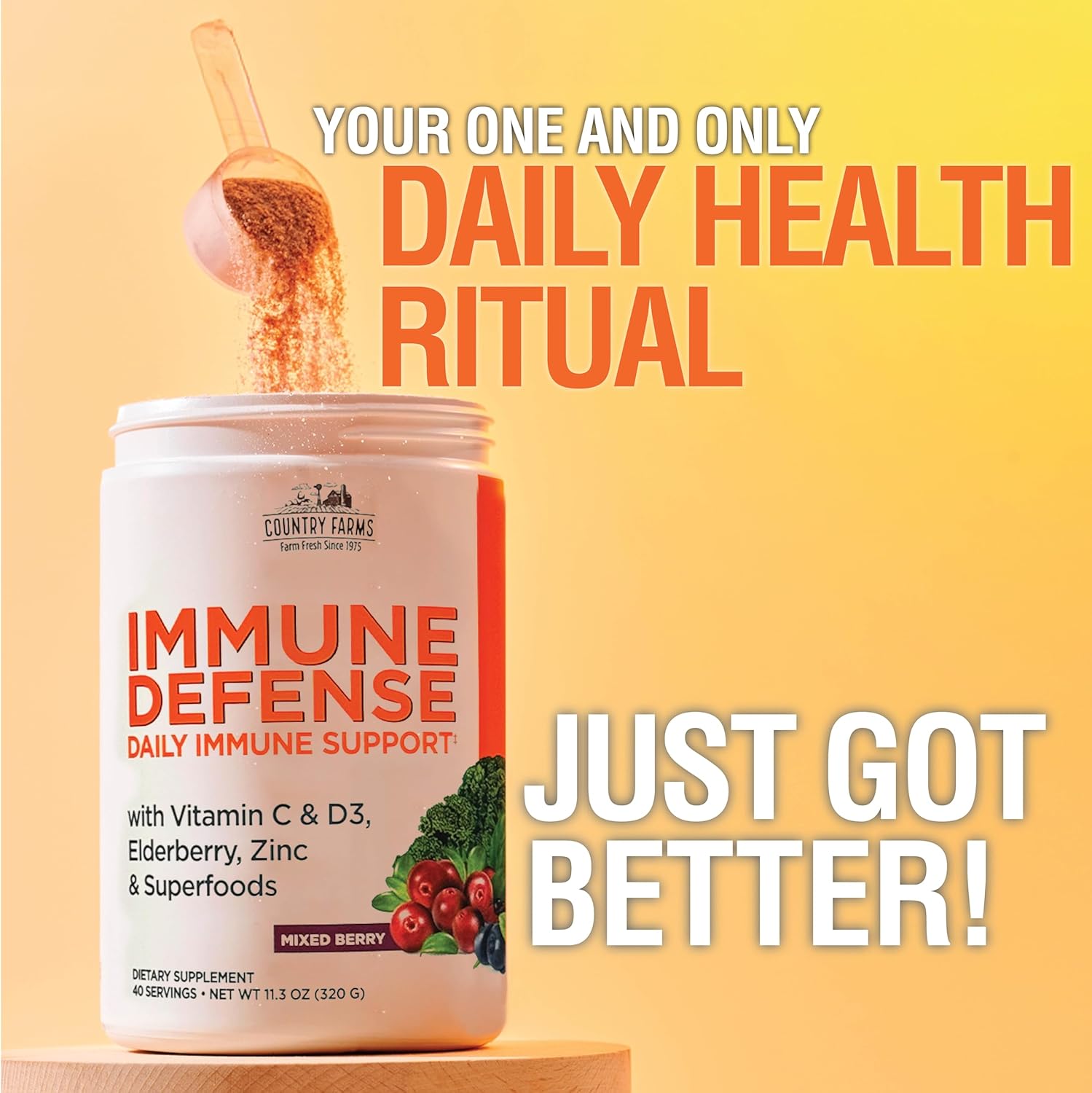 Country Farms Immune Defense Superfoods, Immune Support Supplement, Vitamin C With Black Elderberry, Echinacea, Turmeric, Supports Hydration, With Probiotics And Prebiotics, Berry Flavor, 40 Servings