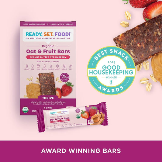 Ready, Set, Food! Organic Oat & Fruit Bars | Peanut Butter Strawberry| Organic Baby Toddler Snack Bar with 8 Top Allergens: Peanut, Egg, Milk, Cashew, Almond, Walnut, Sesame, Soy | No Sugar Added