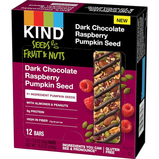 Kind Seeds Fruit & Nuts Snack Bar, Dark Chocolate Raspberry Pumpkin Seed | 5G Protein, High Fiber, Gluten Free Bars, 1.4 Oz, 12 Count