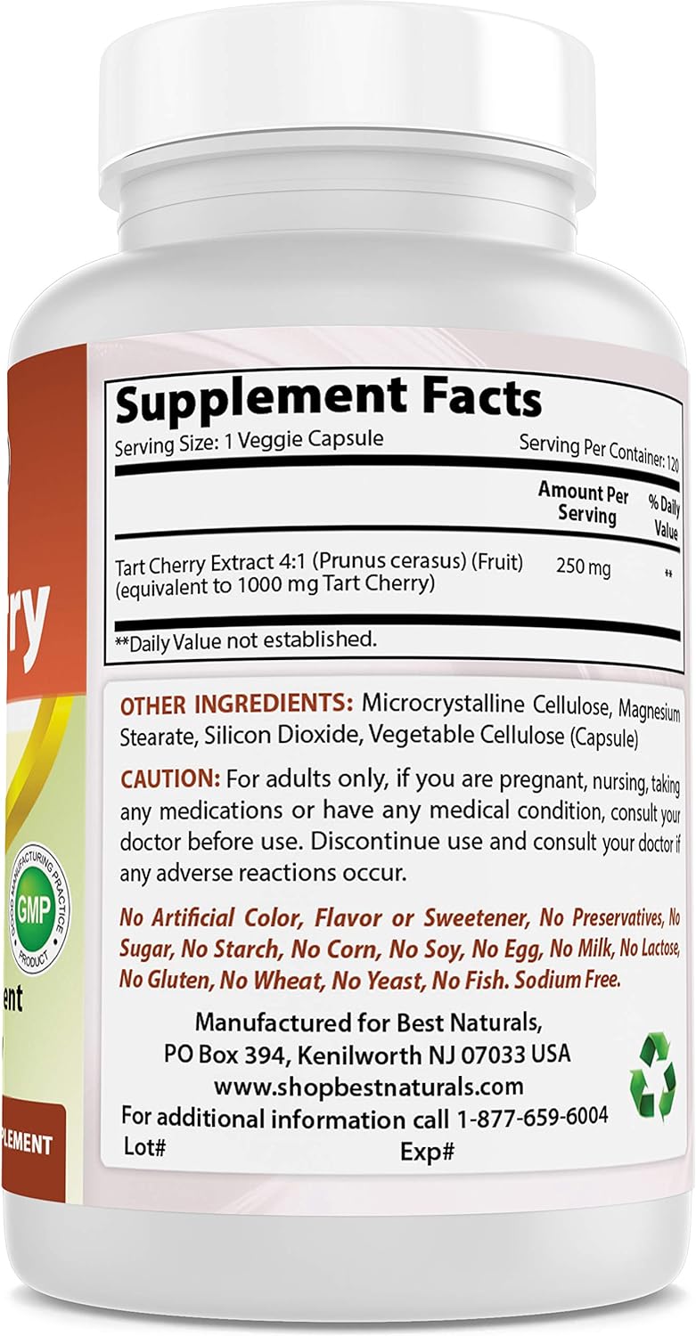 Best Naturals Tart Cherry Extract 1000 mg (Non-GMO) Veggie Capsules - Promotes Healthy Uric Acid Levels Within Normal Range, Healthy Joint Function & Promotes Healthy Sleep Cycle, 120 Count : Health & Household